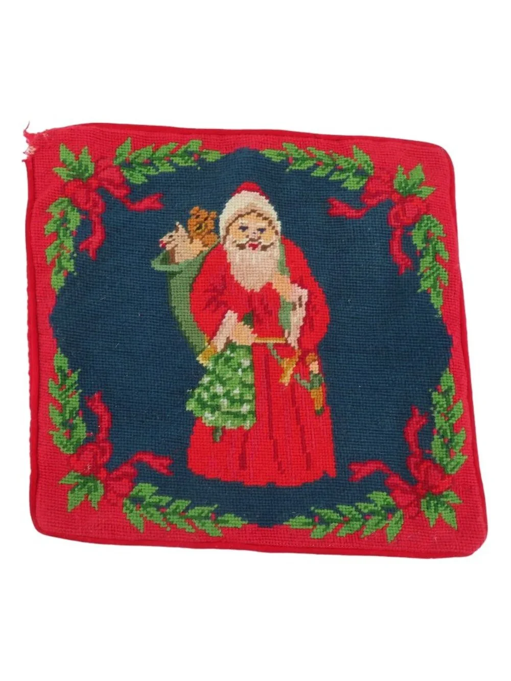 VTG Santa Claus Father Christmas Papa Noel Needlepoint Pillow Sham Zipper Xmas